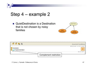 Step 4 – example 2
      QuietDestination is a Destination                                             Destination


      that is t h
      th t i not chosen b noisy
                        by i
      families                                                          Quiet
                                                                      Destination      Family
                                                                                     Destination




                                                 Complement restriction


F. Corno, L. Farinetti - Politecnico di Torino                                                     47
 
