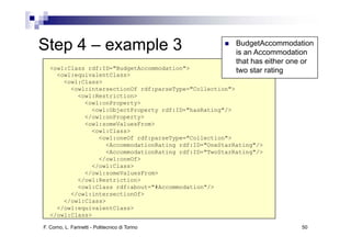 Step
St 4 – example 3
            l                                           BudgetAccommodation
                                                        is an Accommodation
                                                        that has either one or
   <owl:Class rdf:ID "BudgetAccommodation">
              rdf:ID="BudgetAccommodation">             two star rating
                                                        t     t    ti
     <owl:equivalentClass>
       <owl:Class>
         <owl:intersectionOf rdf:parseType="Collection">
           <owl:Restriction>
             <owl:onProperty>
               <owl:ObjectProperty rdf:ID="hasRating"/>
             </owl:onProperty>
             <owl:someValuesFrom>
               <owl:Class>
                 <owl:oneOf rdf:parseType="Collection">
                   <AccommodationRating rdf:ID="OneStarRating"/>
                   <AccommodationRating rdf:ID= TwoStarRating />
                                        rdf:ID="TwoStarRating"/>
                 </owl:oneOf>
               </owl:Class>
             </owl:someValuesFrom>
           </owl:Restriction>
           <owl:Class rdf:about="#Accommodation"/>
         </owl:intersectionOf>
       </owl:Class>
     </owl:equivalentClass>
   </owl:Class>

F. Corno, L. Farinetti - Politecnico di Torino                            50
 