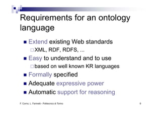 Requirements for an ontology
language
   g g
         Extend existing Web standards
               XML, RDF, RDFS, ...
         Easy t understand and t use
         E    to d t d d to
               based on well known KR languages
         Formally specified
         Adequate expressive power
         Adeq ate e pressi e po er
         Automatic support for reasoning
                     pp                g
F. Corno, L. Farinetti - Politecnico di Torino    6
 