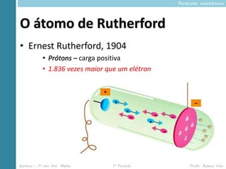 Partículas subatômicas




O átomo de Rutherford
• Ernest Rutherford, 1904
            • Prótons – carga positiva
            • 1.836 vezes maior que um elétron




Química – 1º ano Ens. Médio      1º Período           Profa. Rebeca Vale
 