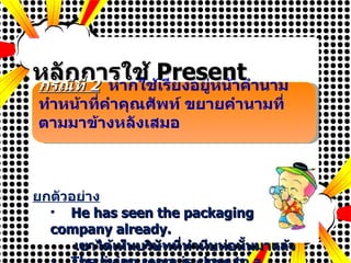 PowerPoint picture page หลักการใช้  Present Participle (v + ing) ยกตัวอย่าง He has seen the packaging company already. เขาได้เห็นบริษัทที่ทำหีบห่อนั้นมาแล้ว The living room is close to a reading room. ห้องนั่งเล่นอยู่ใกล้กับห้องอ่านหนังสือ กรณีที่  2   หากใช้เรียงอยู่หน้าคำนาม ทำหน้าที่คำคุณศัพท์ ขยายคำนามที่ตามมาข้างหลังเสมอ 