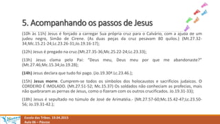 5. Acompanhando os passos de Jesus
Escola das Tribos. 19.04.2015
Aula 06 – Páscoa
(10h às 11h) Jesus é forçado a carregar Sua própria cruz para o Calvário, com a ajuda de um
judeu negro, Simão de Cirene. (As duas peças da cruz pesavam 80 quilos.) (Mt.27.32-
34;Mc.15.21-24;Lc.23.26-31;Jo.19.16-17);
(12h) Jesus é pregado na cruz.(Mt.27.35-36;Mc.25.22-24;Lc.23.33);
(13h) Jesus clama pelo Pai: “Deus meu, Deus meu por que me abandonaste?”
(Mt.27.46;Mc.15.34;Jo.19.28);
(14h) Jesus declara que tudo foi pago. (Jo.19.30ª.Lc.23.46.);
(15h) Jesus morre. Cumprem-se todos os símbolos dos holocaustos e sacrifícios judaicos. O
CORDEIRO É IMOLADO. (Mt.27.51-52; Mc.15.37) Os soldados não conheciam as profecias, mais
não quebraram as pernas de Jesus, como o fizeram com os outros crucificados. Jo.19.31-33);
(18h) Jesus é sepultado no túmulo de José de Arimatéia.- (Mt.27.57-60;Mc.15.42-47;Lc.23.50-
56; Jo.19.31-42.);
 