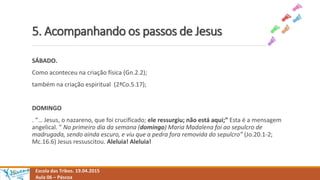 5. Acompanhando os passos de Jesus
Escola das Tribos. 19.04.2015
Aula 06 – Páscoa
SÁBADO.
Como aconteceu na criação física (Gn.2.2);
também na criação espiritual (2ªCo.5.17);
DOMINGO
. “… Jesus, o nazareno, que foi crucificado; ele ressurgiu; não está aqui;” Esta é a mensagem
angelical. ” No primeiro dia da semana (domingo) Maria Madalena foi ao sepulcro de
madrugada, sendo ainda escuro, e viu que a pedra fora removida do sepulcro” (Jo.20.1-2;
Mc.16.6) Jesus ressuscitou. Aleluia! Aleluia!
 