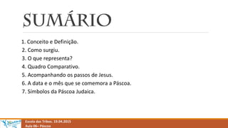 1. Conceito e Definição.
2. Como surgiu.
3. O que representa?
4. Quadro Comparativo.
5. Acompanhando os passos de Jesus.
6. A data e o mês que se comemora a Páscoa.
7. Símbolos da Páscoa Judaica.
Escola das Tribos. 19.04.2015
Aula 06– Páscoa
 
