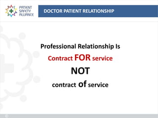 DOCTOR PATIENT RELATIONSHIP




Professional Relationship Is
  Contract FOR service
           NOT
    contract of service
 