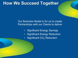 How We Succeed Together



      Our Business Model is for us to create
      Partnerships with our Clients to deliver

           • Significant Energy Savings
           • Significant Energy Reduction
           • Significant CO2 Reduction
 