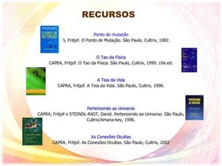 RECURSOS
Ponto de mutação
CAPRA, Fritjof. O Ponto de Mutação. São Paulo, Cultrix, 1982.
O Tao da Física
CAPRA, Fritjof. O Tao da Física. São Paulo, Cultrix, 1999. 19a ed.
A Teia da Vida
CAPRA, Fritjof. A Teia da Vida. São Paulo, Cultrix, 1996.
Pertencendo ao Universo
CAPRA, Fritjof e STEINDL-RAST, David. Pertencendo ao Universo. São Paulo,
Cultrix/Amana-key, 1996.
As Conexões Ocultas
CAPRA, Fritjof. As Conexões Ocultas. São Paulo, Cultrix, 2002
 