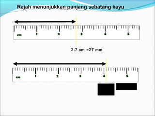 Rajah menunjukkan panjang sebatang kayu
cm 1 2 3 4 5
2.7 cm =27 mm
cm 1 2 3 4 5
4.1 cm =41mm
 