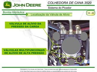 COLHEDORA DE CANA 3520
                                                                      Sistema do Picador
Bomba Hidráulica                                                                                                                      14 - 22
                                  Localização da Válvula de Alívio


    VÁLVULA DE ALÍVIO DA
     PRESSÃO DA CARGA




VÁLVULAS MULTIFUNCIONAIS
DE ALÍVIO DE ALTA PRESSÃO




            TREINAMENTO Pó s-Vendas John Deere Brasil – Todos os direitos reservados. Material elaborado em Outubro/2008.
            A John Deere Brasil reserva-se ao direito de modificar atributos ou características de seus produtos sem pré vio aviso.
 