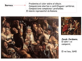 -
             Predomina el color sobre el dibuix.
Barroca   -
             Composicions obertes o centrífugues i unitàries.
          -
             Composicions complexes i profundes.
          El màxim representat és Rubens.




                                               Jacob Jordaens,
                                               El sàtir i el
                                               camperol,


                                               El rei beu, 1640
 