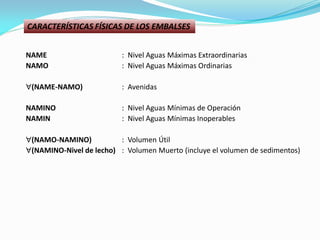 NAME : Nivel Aguas Máximas Extraordinarias
NAMO : Nivel Aguas Máximas Ordinarias
(NAME-NAMO) : Avenidas
NAMINO : Nivel Aguas Mínimas de Operación
NAMIN : Nivel Aguas Mínimas Inoperables
(NAMO-NAMINO) : Volumen Útil
(NAMINO-Nivel de lecho) : Volumen Muerto (incluye el volumen de sedimentos)
CARACTERÍSTICAS FÍSICAS DE LOS EMBALSES
 