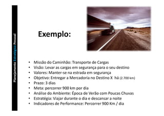 Exemplo:
Planejamento Estratégico Pessoal




                                       Missão do Caminhão: Transporte de Car...