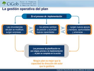 La gestión operativa del plan En el proceso de  implementación Ningún plan es mejor que la capacidad de dirección del actor que lo gestiona Las circunstancias del plan se modifican, surgen sorpresas … …  surgen nuevos apoyos y rechazos, oportunidades y amenazas … …  los actores cambian de posición y acumulan nuevas capacidades … Los procesos de planificación no son etapas previas a la implementación … el plan se completa en la acción 