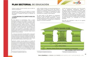 PLAN SECTORIAL DE EDUCACIÓN
Fortalecer la gestión del sector educativo, para ser modelo de      público, verdadero facilitador, que apoya decisivamente en sus     La Visión del Quindío al 2.032 quedó “En el 2.032 el Quindío
eficiencia y transparencia.                                         diversos ámbitos la ejecución de dicho plan creando y              será un Departamento ambientalmente sostenible y
                                                                    mejorando las condiciones específicas del territorio para el       sustentable, equitativo, justo e incluyente socialmente, modelo
Contrarrestar los impactos de la ola invernal en el servicio        desarrollo de la productividad y la competitividad de nuestro      de integración regional y asociatividad, con un nivel de ingreso
educativo y fortalecer las capacidades institucionales del sector   Departamento y a la sociedad civil actor principal y garante       medio alto per cápita; y en los cinco primeros lugares de
para asegurar la prestación del servicio en situaciones de          permanente de su cumplido y correcto desarrollo.                   competitividad nacional, basado en el aumento de la
emergencia.                                                                                                                            diversificación de la productividad agro exportadora, un turismo
                                                                    Por estas razones, el Plan Regional de Competitividad,             y otros servicios con alto valor agregado; mediante el desarrollo
1.4 PLAN REGIONAL DE COMPETITIVIDAD DEL                             expresión de tantas diversidades, se convierte hoy en un           de competencias educativas, formación laboral, investigación y
                                                                    mecanismo central de nuestra administración y referente            tecnología avanzada, y en conectividad con el mundo
QUINDIO22
                                                                    necesario de decisiones futuras en la dirección y administración   globalizado”.
                                                                    de nuestro Departamento y municipios que lo conforman en
El Plan Regional de Competitividad, orienta a nuestro
                                                                    especial, en sus planes de desarrollo.23                           Esta visión será desarrollada a través de los siguientes
Departamento hacia una visión competitiva a 2.032, por medio
                                                                                                                                       objetivos estratégicos:24
de objetivos estratégicos encaminados a desarrollar nuestra
economía con un enfoque hacia mercados internacionales,
fortaleciendo igualmente nuestros productos y servicios de
comercialización nacional, diseñando los planes y estrategias
necesarias para la generación de empresas y empleos en aras
de mejorar su calidad y formalización, fundamentados en la
innovación y en la educación como pilares de crecimiento
continuo. Estos esfuerzos y el mejoramiento continuo de la
política pública para la competitividad, pretenden transformar al
Departamento del Quindío en el escenario propicio para la
inversión nacional y extranjera.

La construcción del presente documento define, en articulación
con la Agenda Interna para la productividad y competitividad -
donde se precisaron las apuestas competitivas de la región- las
iniciativas de proyecto al igual que los proyectos priorizados de
gran valor estratégico para el Departamento en aras de lograr
su transformación productiva y nivel de impacto social.

Igualmente, constituye una guía decisiva en el camino del
desarrollo económico regional, legitimada por la participación y
concertación de los diversos actores de nuestro Departamento,
fundamentado en el fortalecimiento del sector empresarial
como fuente de prosperidad y riqueza; en la academia como el
escenario para el desarrollo de competencias y habilidades en
los jóvenes que conlleven a una competitividad articulada con
la oferta académica y de cara a las necesidades del sector
productivo en el marco de la ciencia y la tecnología; al sector
                                                                                                                                                   FUENTE: PLAN REGIONAL DE COMPETITIVIDAD DEL QUINDIO

22                                                                  23                                                                 24
     Plan Regional de Competividad del Quindío 2.032.                    Plan Regional de Competividad del Quindío 2.032.                   Plan Regional de Competividad del Quindío 2.032.


                                                                                                                                                                                                         10
 