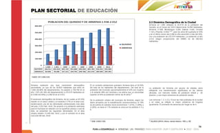 PLAN SECTORIAL DE EDUCACIÓN

                                                                                                                                        2.3 Dinámica Demográfica de la Ciudad
                                                                                                                                        Armenia en 1.905 reflejaba el 33.21% de la población del
                                                                                                                                        Quindío, en el Censo de 1918 Calarcá tenía 19.284 habitantes,
                                                                                                                                        Armenia 17.406, Montenegro 5.265, Salento 4.428, Circasia
                                                                                                                                        7.122 y Filandia 12.832.3132, para los años 60 superaba el 40%
                                                                                                                                        y en el último censo del 2.006 la cifra ascendió a más del 50%,
                                                                                                                                        con una población de 272.574 habitantes. La población al año
                                                                                                                                        2.012 (según proyecciones del DANE) es de 292.052
                                                                                                                                        habitantes.




 FUENTE: POT 2.009-2.023



Armenia evidenció una tasa crecimiento demográfico                  En el contexto poblacional quindiano Armenia tiene el 52.55%
ascendente, ya que de los 50.833 habitantes que tenía en            del total de los habitantes del departamento. Del total de la       La población de Armenia por grupos de edades viene
1.938 (30.90% del departamento), ha pasado a 159.792 en el          población del municipio aproximadamente el 52% son mujeres          reflejando una transformación significativa en las últimas
año 1.973 (45.16% del departamento) a 272.574 habitantes en         y el restante 48% son hombres y se estima que un porcentaje         décadas, con menores niveles de población infantil y de
el 2.006 (52.55%) y a 292.52 en el 2.012.                           superior al 55% es población menor de 35 años.31                    jóvenes, y una mayor presencia de población adulta.

El escenario demográfico de Armenia, de los cuales un 97.23%        De la población urbana del municipio de Armenia, según los          Las comunas 1, 2, 3, 6 y 10 son las más pobladas de la ciudad
residen en el casco urbano y el restante 2.77% en el área rural;    datos arrojados por la estratificación socioeconómica, el 79%       y en estas se reflejan la mayor presencia de hogares
evidenciando una de las densidades poblacionales más altas          se encuentra en estratos socio-económicos 1 (21%), 2 (28%) y        igualmente. El promedio de personas por hogar es de 4.
del país, 2.223 hab. /km2. De acuerdo a la población estimada       3 (30%), en tanto el 11% restante se ubica en los estratos 4, 5 y
para el municipio en relación con la superficie urbana y rural de   6.
éste, se presentan las siguientes densidades: En el área
urbana residen 13.348 hab. /km2, y por el contrario en el área
rural sólo 68 hab. /km2.

                                                                    31                                                                  32
                                                                         DANE. CENSO 2.005.                                                  VALENCIA ZAPATA, Alfonso. Quindío Histórico. 1963. p. 292


                                                                                                                                                                                                         16
 