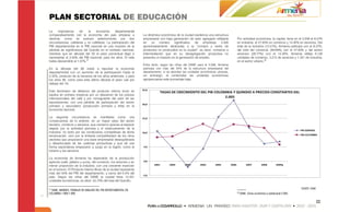 PLAN SECTORIAL DE EDUCACIÓN
La     importancia    de     la   economía     departamental
comparativamente con la economía del país empieza a                 La dinámica económica de la ciudad evidencia una estructura
declinar, como se sostuvo anteriormente, por dos                    empresarial con baja generación de valor agregado reflejada            Por actividad económica, la capital, tiene en el 2.006 el 8.37%
circunstancias; cafeteras y no cafeteras. La participación del      en    un    número    significativo  de   empresas    5.400            en industria, el 27.93% en comercio y 14.30% en servicios. Del
PIB departamental en el PIB nacional es una muestra de la           aproximadamente dedicadas a la “compra y venta de                      total de la industria (12.57%), Armenia participa con el 8.37%;
pérdida de significancia del Quindío en el contexto nacional,       productos no producidos en la ciudad”, es decir, comercio e            del total del comercio (49.69%) con el 27.93% y del sector
mientras que en década del 50 el peso porcentual llegó a            intermediación que en su desagregación productiva no                   servicios (28.77%) con el 14.30%. Armenia refleja 6.126
representar el 2.40% del PIB nacional, para los años 70 este        presenta un impacto en la generación de empleo.                        unidades de comercio, 3.215 de servicios y 1.351 de industria,
había descendido al 1.07%.37                                                                                                               en el sector urbano.38
                                                                    Entre tanto, según las cifras del DANE para el 2.006, Armenia
En la década del 80 volvió a repuntar la economía                   participa con más del 55% de la estructura empresarial del
departamental con un aumento de la participación hasta el           departamento, si se abordan las unidades económicas urbanas,
2.32%, producto de la bonanza de los años anteriores, y para        sin embargo, al contemplar las unidades económicas
los años 90, como para esta última década el peso cae por           agropecuarias este porcentaje baja.
debajo del 1%.
                                                                    25,0
Este fenómeno de deterioro del producto interno bruto se                        TASAS DE CRECIMIENTO DEL PIB COLOMBIA Y QUINDIO A PRECIOS CONSTANTES DEL
explica en primera instancia por un descenso de los precios
internacionales del café y por consiguiente del valor de las
                                                                                                                  2.005
exportaciones, con una pérdida de participación del sector
                                                                    20,0
primario y secundario (producción primaria y trilla) en la
economía nacional.

La segunda circunstancia se manifiesta como una                     15,0
consecuencia de lo anterior, en un mayor peso del sector
terciario, comercio y servicios, que crecieron gracias al espacio
dejado por la actividad primaria y el estancamiento de la
                                                                                                                                                                                             PIB QUINDIO
industria; no tanto por las condiciones competitivas de dicha       10,0
                                                                                                                                                                                             PIB COLOMBIA
tercerización, sino por la limitada competitividad de los otros
sectores que propiciaron una base empresarial desequilibrada
y desarticulada de las cadenas productivas y que de una
forma espontánea empezaron a surgir en la región, como el            5,0
turismo y los servicios.

La economía de Armenia ha dependido de la producción
agrícola (café, plátano y yuca), del comercio, los servicios y en    0,0
menor proporción de la industria, con una creciente inserción              2001        2002       2003      2004       2005         2006             2007         2008         2009p

en el turismo. El Producto Interno Bruto de la ciudad representa
más del 50% del PIB del departamento, y cerca del 0.5% del
                                                                    -5,0
país. Según las cifras del DANE la ciudad tiene 12.351
unidades económicas, es decir, 55.70% del total del Quindío.

37                                                                                                                                                                                           FUENTE: DANE
  DANE, INANDES, TRABAJO DE ANALISIS DEL PIB DEPARTAMENTAL EN
                                                                                                                                           38
COLOMBIA 1.960-1.980.                                                                                                                           DANE. Censo económico y poblacional 2.005.


                                                                                                                                                                                                            22
 