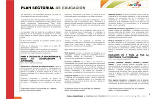 PLAN SECTORIAL DE EDUCACIÓN
que respondan a las necesidades educativas de todas las            cobertura y permanencia en el sistema y la eficiencia de los       Desarrollo humano: Se tiene el desarrollo humano como eje
comunidades víctimas del conflicto armado.                         entes responsables de la prestación y la calidad del servicio.     fundamental de los procesos educativos, lo que ha permitido
                                                                                                                                      potenciar las dimensiones del ser, la autonomía, sus
-El sistema educativo debe garantizar a niñas, niños, jóvenes y    -Desarrollar y fortalecer la cultura de la investigación, con el   competencias, la valoración del arte y la cultura, y la
adultos, el respeto a la diversidad de su etnia, género, opción    propósito de lograr un pensamiento crítico e innovador y el        satisfacción de las necesidades básicas, en el marco de una
sexual, discapacidad, excepcionalidad, edad, credo,                desarrollo humano sostenible, de acuerdo con las necesidades       convivencia pacífica y el reconocimiento de la diversidad
desplazamiento, reclusión, reinserción o desvinculación social y   de cada contexto y como aporte a la transformación socio           étnica, cultural y ambiental.
generar condiciones de atención especial a las poblaciones         cultural.
que lo requieran.                                                                                                                     Sistema de evaluación y seguimiento: El país cuenta con un
                                                                   -Garantizar el acceso, uso y apropiación crítica de las TIC,       sistema integral de seguimiento y evaluación del sector
-La educación debe ser objeto de una política de Estado,           como herramientas para el aprendizaje, la creatividad, el          educativo para todos los niveles y entes responsables de la
expresada en una ley estatutaria concertada con la sociedad,       avance científico, tecnológico y cultural, que permitan el         prestación y calidad del servicio, da cuenta de los avances,
para fortalecer su carácter público, gratuito, incluyente y de     desarrollo humano y la participación activa en la sociedad del     dificultades y falencias y permite posicionar la educación como
calidad.                                                           conocimiento.                                                      herramienta de transformación social.

El Plan Decenal contempla los siguientes desafíos para la          -Diseñar currículos que garanticen el desarrollo de                Perfil del estudiante: Se cuenta con un ciudadano en ejercicio
educación en Colombia:8                                            competencias, orientados a la formación de los estudiantes en      del pleno desarrollo de la personalidad, respetuoso de los
                                                                   cuanto a ser, saber, hacer y convivir, y que posibilite su         derechos, deberes y la diversidad cultural, que viva en paz y
-Fines de la educación y su calidad en el siglo XXI.               desempeño a nivel personal, social y laboral.                      armonía con sus semejantes y la naturaleza, con capacidad
(globalización y autonomía).                                                                                                          para acceder al conocimiento científico, técnico, cultural y
-Educación en y para la paz la convivencia y la ciudadanía.        Macro metas de este componente:9                                   artístico y competente en su desempeño personal, social y
-Renovación pedagógica y uso de las TIC en la educación.                                                                              laboral.
-Ciencia y tecnología integradas a la educación.                   Perfil docente: Se tiene un docente con fortalezas en lo
                                                                   pedagógico y disciplinar, sensible a la problemática social, en    EDUCACIÓN EN Y PARA LA PAZ,                                    LA
FINES Y CALIDAD DE LA EDUCACIÓN EN EL                              permanente proceso de cualificación y actualización;
                                                                                                                                      CONVIVENCIA Y LA CIUDADANÍA:
SIGLO     XXI    (GLOBALIZACIÓN     Y                              reconocido por su desempeño y proyección.
                                                                                                                                      Como macro objetivos contempla10:
AUTONOMÍA):                                                        Currículos pertinentes: En el 2016 se han fortalecido y
Como macro objetivos contempla:                                                                                                       Inclusión, diversidad, diferencia, identidad y equidad:
                                                                   contextualizado los currículos desde la educación inicial hasta
                                                                                                                                      Diseñar y aplicar políticas públicas articuladas intra e
                                                                   la superior, orientados hacia el desarrollo de las dimensiones
Articulación y coherencia del sistema educativo: Lograr un                                                                            intersectorialmente que garanticen una educación en y para la
                                                                   del ser, a la construcción de la identidad nacional, la
sistema educativo articulado, coherente y contextualizado en                                                                          paz, la convivencia y la ciudadanía, basadas en: Enfoque de
                                                                   democracia y el acceso al conocimiento y la cultura, mediante
los diferentes niveles de formación y en las regiones, que                                                                            derechos y deberes; principios de equidad; inclusión,
                                                                   procesos innovadores y de calidad que incentiven el
permita la movilidad y formación integral de la niñez y la                                                                            diversidad social, económica, cultural, étnica, política, religiosa,
                                                                   aprendizaje, la investigación y la permanencia en el sistema.
juventud colombiana, en un entorno democrático, pacífico y                                                                            sexual y de género; valoración y tratamiento integral de los
globalizado.                                                                                                                          conflictos; y respeto por la biodiversidad y el desarrollo
                                                                   Calidad del sistema: Se tiene un sistema educativo articulado
                                                                                                                                      sostenible.
                                                                   y coherente en sus diferentes niveles, incluida la educación
-Organizar, implementar y consolidar un sistema de                 para el trabajo y el desarrollo humano, y da respuesta a las
seguimiento y evaluación del sector educativo, que dé cuenta                                                                          Otros agentes educativos y relaciones con el entorno:
                                                                   exigencias socioeconómicas, políticas, culturales y legales de
de logros y dificultades de los estudiantes, su acceso,                                                                               Comprometer al Estado, la sociedad civil, los medios de
                                                                   la sociedad colombiana.
                                                                                                                                      comunicación, el sector productivo, las ONG, las comunidades


8                                                                  9                                                                  10
 PLAN NACIONAL DECENAL DE EDUCACIÓN 2006 -2016. COMPENDIO           PLAN NACIONAL DECENAL DE EDUCACIÓN 2006 -2016. COMPENDIO            PLAN NACIONAL DECENAL DE EDUCACIÓN 2006 -2016. COMPENDIO
GENERAL. Pacto social por la educación.                            GENERAL. Pacto social por la educación.                            GENERAL. Pacto social por la educación.


                                                                                                                                                                                                             3
 