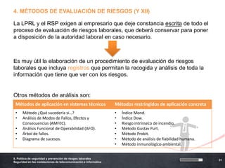 4. MÉTODOS DE EVALUACIÓN DE RIESGOS (Y XII)

La LPRL y el RSP exigen al empresario que deje constancia escrita de todo el
proceso de evaluación de riesgos laborales, que deberá conservar para poner
a disposición de la autoridad laboral en caso necesario.



Es muy útil la elaboración de un procedimiento de evaluación de riesgos
laborales que incluya registros que permitan la recogida y análisis de toda la
información que tiene que ver con los riesgos.


Otros métodos de análisis son:
 Métodos de aplicación en sistemas técnicos                        Métodos restringidos de aplicación concreta
 •    Método ¿Qué sucedería si…?                                   •   Índice Mond.
 •    Análisis de Modos de Fallos, Efectos y                       •   Índice Dow.
      Consecuencias (AMFEC).                                       •   Riesgo intrínseco de incendio.
 •    Análisis Funcional de Operabilidad (AFO).                    •   Método Gustav Purt.
 •    Árbol de fallos.                                             •   Método Probit.
 •    Diagrama de sucesos.                                         •   Método de análisis de fiabilidad humana.
                                                                   •   Método inmunológico-ambiental.


6. Política de seguridad y prevención de riesgos laborales
                                                                                                                  31
Seguridad en las instalaciones de telecomunicación e informática
 