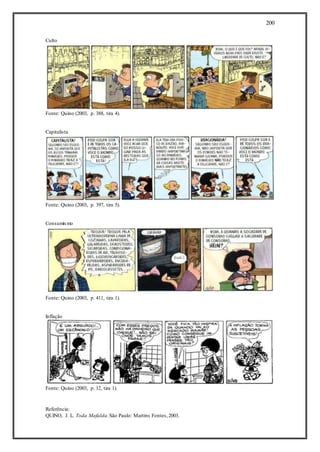 200
Culto
Fonte: Quino (2003, p. 388, tira 4).
Capitalista
Fonte: Quino (2003, p. 397, tira 5).
Consumismo
Fonte: Quino (2003, p. 411, tira 1).
Inflação
Fonte: Quino (2003, p. 12, tira 1).
Referência:
QUINO, J. L. Toda Mafalda.São Paulo: Martins Fontes,2003.
 