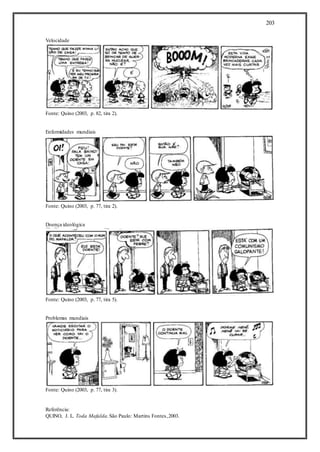 203
Velocidade
Fonte: Quino (2003, p. 82, tira 2).
Enfermidades mundiais
Fonte: Quino (2003, p. 77, tira 2).
Doença ideológica
Fonte: Quino (2003, p. 77, tira 5).
Problemas mundiais
Fonte: Quino (2003, p. 77, tira 3).
Referência:
QUINO, J. L. Toda Mafalda.São Paulo: Martins Fontes,2003.
 