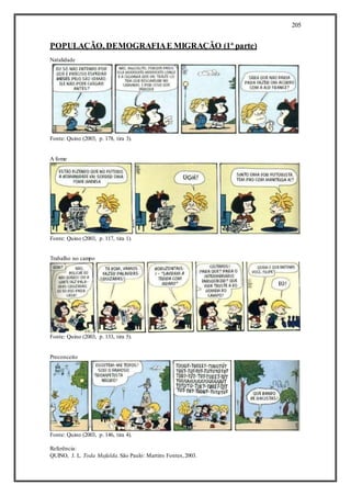 205
POPULAÇÃO, DEMOGRAFIAE MIGRAÇÃO (1ª parte)
Natalidade
Fonte: Quino (2003, p. 178, tira 3).
A fome
Fonte: Quino (2003, p. 117, tira 1).
Trabalho no campo
Fonte: Quino (2003, p. 133, tira 5).
Preconceito
Fonte: Quino (2003, p. 146, tira 4).
Referência:
QUINO, J. L. Toda Mafalda.São Paulo: Martins Fontes,2003.
 