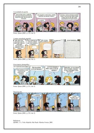 206
A sociedade em guerra
Fonte: Quino (2003, p. 155, tira 3).
A maior população mundial
Fonte: Quino (2003, p. 168, tira 1).
Crescimento demográfico
Fonte: Quino (2003, p. 311, tira 3).
Nível de vida
Fonte: Quino (2003, p. 335, tira 3).
Referência:
QUINO, J. L. Toda Mafalda.São Paulo: Martins Fontes,2003.
 