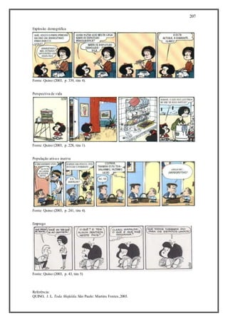 207
Explosão demográfica
Fonte: Quino (2003, p. 339, tira 4).
Perspectiva de vida
Fonte: Quino (2003, p. 228, tira 1).
População ativa e inativa
Fonte: Quino (2003, p. 241, tira 4).
Emprego
Fonte: Quino (2003, p. 43, tira 5)
Referência:
QUINO, J. L. Toda Mafalda.São Paulo: Martins Fontes,2003.
 