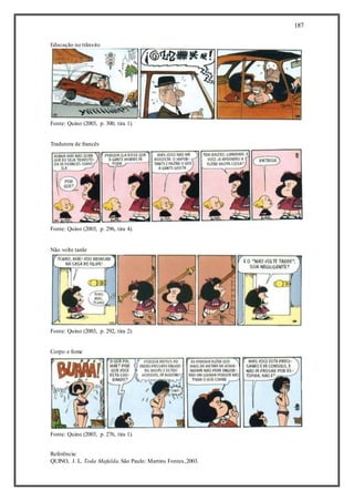 187
Educação no trânsito
Fonte: Quino (2003, p. 300, tira 1).
Tradutora de francês
Fonte: Quino (2003, p. 296, tira 4).
Não volte tarde
Fonte: Quino (2003, p. 292, tira 2).
Corpo e fome
Fonte: Quino (2003, p. 276, tira 1).
Referência:
QUINO, J. L. Toda Mafalda.São Paulo: Martins Fontes,2003.
 