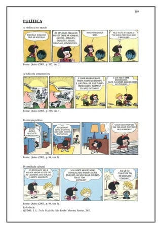 189
POLÍTICA
A violência no mundo
Fonte: Quino (2003, p. 162, tira 2).
A indústria armamentista
Fonte: Quino (2003, p. 190, tira 1).
Estratégia política
Fonte: Quino (2003, p. 94, tira 3).
Diversidade cultural
Fonte: Quino (2003, p. 98, tira 3).
Referência:
QUINO, J. L. Toda Mafalda.São Paulo: Martins Fontes,2003.
 