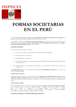 PORQUE INVERTIR EN PERU VENTAJAS SAC FORMAS SOCIETARIAS EN PERU