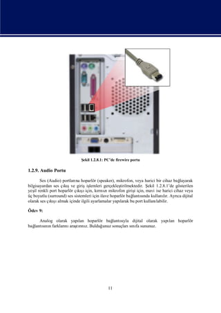 Edited by Foxit Reader
                                     Copyright(C) by Foxit Software Company,2005-2008
                                     For Evaluation Only.




                             Ş 1.2.8.1: PC’de firewire portu
                              ekil

1.2.9. Audio Portu

       Ses (Audio) portları hoparlör (speaker), mikrofon, veya harici bir cihaz bağ
                           na                                                       layarak
bilgisayardan ses çışve girişiş
                    kı            lemleri gerçekleş  tirilmektedir. Ş 1.2.8.1’de gösterilen
                                                                     ekil
yeş renkli port hoparlör çışiçin, kı zı
    il                      kı ı        rmı mikrofon girişiçin, mavi ise harici cihaz veya
                                                             i
üç boyutlu (surround) ses sistemleri için ilave hoparlör bağ sı kullanır. Ayrı dijital
                                                            lantında           lı  ca
olarak ses çışalmak içinde ilgili ayarlamalar yapı
            kı ı                                     larak bu port kullanılabilir.

Ödev 9:

     Analog olarak yapı hoparlör bağ sı dijital olarak yapı hoparlör
                      lan              lantıyla              lan
bağ sı n farkları araşrı z. Bulduğ
  lantını        nı tını          unuz sonuçları nı sununuz.
                                                sı fa




                                            11
 
