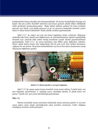 Edited by Foxit Reader
                                       Copyright(C) by Foxit Software Company,2005-2008
                                       For Evaluation Only.




kondansatörün hemen altı   ndaki pini bulunmamaktadı Bu kı n konektördeki karş ğ ucu
                                                       r.     smı                   ıı
                                                                                     lı
kapalı  olan pin yeridir. Konektör takırken aynı
                                         lı         hizaya gelecek ş
                                                                   ekilde dikkat edildiğinde
hiçbir problemle karş ıı lmayacaktı Baş dikkat edilmesi gereken bir husus konektör
                        laş            r.     ka
gireceğ yere büyük veya küçük geliyorsa ya da zor giriyorsa anakarttaki konektör yerleri
        i
tekrar ve tekrar kontrol edilmelidir. Hiçbir ş
                                             ekilde zorlama yapılmamalır.
                                                                       dı

       Ş 2.3.1’ de sadece seri port için harici bağ ya örnek verilmiş Bilgisayar
        ekil                                               lantı                  tir.
anakartları harici paralel port bağ sı sı karş ı
           nda                          lantıyla k         ı lmaması rağ
                                                            laş        na     men karş ı ğ
                                                                                       ı ldı
                                                                                       laş ı
durumda aynı     yukarı ifade edilen montaj kuralları uyarak iş
                        da                                na           lemin gerçekleş tirilmesi
gerekmektedir. Ş    ekil 2.3.1’ de ayrı belirtilmişolan IRDA portu dikkatinizi çekebilir.
                                       ca
Harici olarak hemen hemen tüm anakartlarda olan bu port kıl ötesi iletiş kurmamı
                                                                  zı             im           zı
sağ layan bir seri porttur. Bu portun kullanılabilmesi için kıl ötesi harici donanı nı alıp
                                                              zı                     mı n nı
bilgisayara bağ lanması   gerekir.




                       Ş 2.3.1: Harici paralel ve seri port bağ sı
                        ekil                                   lantı

      Ş 2.3.2’de aş aş kasaya konektör kı monte edilmiş pinlik harici seri
       ekil            ama ama                          smı           9
port bağ sıgösterilmiş 4. aş
        lantı               tir.     amada ayrı istenildiğ taktirde 25 pinlik harici seri
                                                 ca            i
portun 9 pinlik seri port yerine takı
                                    labilirliğ gösterilmiş
                                              i           tir.

Ödev 11:

      İ
      nternet üzerindeki arama motorları kullanarak arama motoruna paralel ve seri port
                                       nı
yazı sadece resim olarak arattı ğnı çı resimleri inceleyiniz. Farklıolduğ
    p                              ı
                                rdı zda kan                                        una
      ğ z
      ı                         ı
inandı nıresimleri sıfla paylaş z.
                      nı         nı




                                             26
 