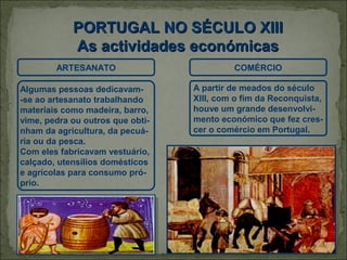 PORTUGAL NO SÉCULO XIII
            As actividades económicas
        ARTESANATO                         COMÉRCIO

Algumas pessoas dedicavam-        A partir de meados do século
-se ao artesanato trabalhando     XIII, com o fim da Reconquista,
materiais como madeira, barro,    houve um grande desenvolvi-
vime, pedra ou outros que obti-   mento económico que fez cres-
nham da agricultura, da pecuá-    cer o comércio em Portugal.
ria ou da pesca.
Com eles fabricavam vestuário,
calçado, utensílios domésticos
e agrícolas para consumo pró-
prio.
 