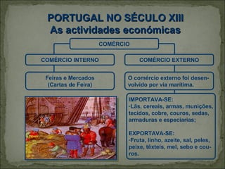 PORTUGAL NO SÉCULO XIII
 As actividades económicas
                      COMÉRCIO

COMÉRCIO INTERNO                 COMÉRCIO EXTERNO


 Feiras e Mercados           O comércio externo foi desen-
  (Cartas de Feira)          volvido por via marítima.

                             IMPORTAVA-SE:
                             -Lãs, cereais, armas, munições,
                             tecidos, cobre, couros, sedas,
                             armaduras e especiarias;

                             EXPORTAVA-SE:
                             -Fruta, linho, azeite, sal, peles,
                             peixe, têxteis, mel, sebo e cou-
                             ros.
 