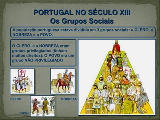 PORTUGAL NO SÉCULO XIII
              Os Grupos Sociais
A população portuguesa estava dividida em 3 grupos sociais: o CLERO, a
NOBREZA e o POVO.

O CLERO e a NOBREZA eram
grupos privilegiados (tinham
muitos direitos). O POVO era um
grupo NÃO PRIVILEGIADO




CLERO                   NOBREZA



    POVO
 