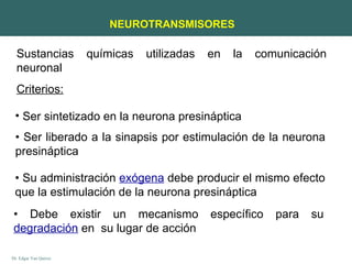 NEUROTRANSMISORES

  Sustancias           químicas   utilizadas   en   la   comunicación
  neuronal
  Criterios:

 • Ser s...
