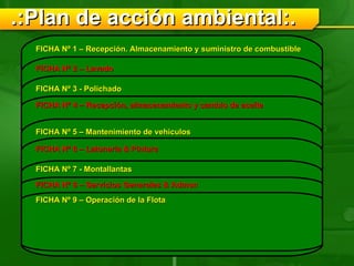 .:Plan de acción ambiental:. FICHA Nº 1 – Recepción. Almacenamiento y suministro de combustible FICHA Nº 2 – Lavado  FICHA Nº 3 - Polichado FICHA Nº 4 – Recepción, almacenamiento y cambio de aceite FICHA Nº 5 – Mantenimiento de vehiculos FICHA Nº 6 – Latoneria & Pintura FICHA Nº 7 - Montallantas FICHA Nº 8 – Servicios Generales & Admon FICHA Nº 9 – Operación de la Flota 