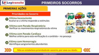 Prioridades no Socorro
Vítima inconsciente
Não se estabelece prioridadede socorro, por sexo ou idade.
1
2
3
4
Vítima com Parada Respiratória
Vítima com Parada Cardíaca
Vítima com Hemorragia
Avaliarse a vítima responde a estímulos
Verificar os movimentosrespiratóriosda vítima
Melhor artéria para esta verificação é a carótida– no pescoço
Identifiquesangramentosabundantes
PRIMEIRAS AÇÕES
 