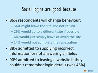 Social logins are good because
   86% respondents will change behaviour:
    – 54% might leave the site and not return
    – 26% would go to a different site if possible
    – 6% would just simply leave or avoid the site
    – 14% would not complete the registration
   88% admitted to supplying incorrect
    information or not answering all fields
   90% admitted to leaving a website if they
    couldn’t remember login details (was 45%)
 