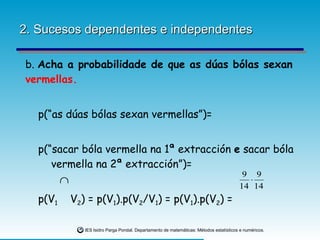 2. Sucesos dependentes e independentes b.  Acha a probabilidade de que as dúas bólas sexan  vermellas.     p(“as dúas bólas sexan vermellas”)=   p(“sacar bóla vermella na 1ª extracción  e  sacar bóla  vermella na 2ª extracción”)=   p(V 1   V 2 ) = p(V 1 ).p(V 2 /V 1 ) = p(V 1 ).p(V 2 ) = 