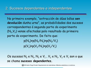 2. Sucesos dependentes e independentes No primeiro exemplo, “extracción de dúas bólas  sen devolución  dunha urna”, as probabilidades dos sucesos correspondentes á segunda parte do experimento (N 2 ,V 2 ) vense afectadas polo resultado da primeira parte do experimento. De feito que: p(N 2 )≠p(N 2 /N 1 )≠p(N 2 /V 1 ) p(V 2 )≠p(V 2 /N 1 )≠p(V 2 /V 1 ) Os sucesos N 2  e N 1 , N 2  e V 1  , V 2  e N 1 , V 2  e V 1  son o que se chama  sucesos dependentes. 
