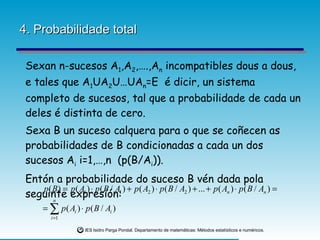 4. Probabilidade total Sexan n-sucesos A 1 ,A 2 ,….,A n  incompatibles dous a dous, e tales que A 1 UA 2 U…UA n =E  é dicir, un sistema completo de sucesos, tal que a probabilidade de cada un deles é distinta de cero. Sexa B un suceso calquera para o que se coñecen as probabilidades de B condicionadas a cada un dos sucesos A i  i=1,…,n  (p(B/A i )). Entón a probabilidade do suceso B vén dada pola seguinte expresión:  