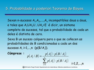 5. Probabilidade a posteriori.Teorema de Bayes. Sexan n-sucesos A 1 ,A 2 ,….,A n  incompatibles dous a dous, e tales que A 1 UA 2 U…UA n =E  é dicir, un sistema completo de sucesos, tal que a probabilidade de cada un deles é distinta de cero. Sexa B un suceso calquera para o que se coñecen as probabilidades de B condicionadas a cada un dos sucesos A i  i=1,…,n  (p(B/A i )). Cúmprese : i=1,2,…,n 