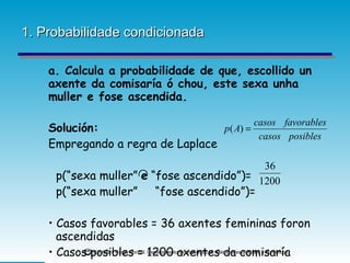 1. Probabilidade condicionada a. Calcula a probabilidade de que, escollido un axente da comisaría ó chou, este sexa unha muller e fose ascendida. Solución:   Empregando a regra de Laplace p(“sexa muller”  e  “fose ascendido”)= p(“sexa muller”  “fose ascendido”)= Casos favorables = 36 axentes femininas foron  ascendidas  Casos posibles = 1200 axentes da comisaría 