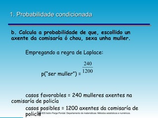1. Probabilidade condicionada b. Calcula a probabilidade de que, escollido un axente da comisaría ó chou, sexa unha muller. Empregando a regra de Laplace: p(“ser muller”) = casos favorables = 240 mulleres axentes na  comisaría de policía casos posibles = 1200 axentes da comisaría de  policía  