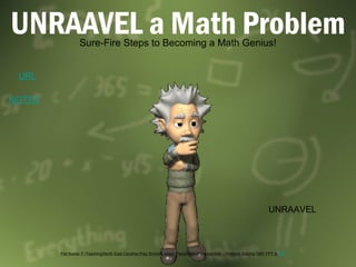 UNRAAVEL a Math Problem
                 Sure-Fire Steps to Becoming a Math Genius!


 URL

NOTES




                                                                                                                     UNRAAVEL



        File Name: F:TeachingNorth East Carolina Prep SchoolLesson PlansMathAssigments6 -- Problem Solving 1997 PPT & URL
 