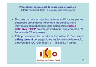 10
• Després de revisar totes les factures sol·licitades per les
empreses proveïdores i d’emetre les certificacions
individuals corresponents, s’ha establert la relació
definitiva d’OPP en este procediment, que comprén 59
factures de 21 empreses.
• Este procediment ha portat a la formalització d’un deute
a llarg termini per pagar totes les factures de la relació,
a través de l’ICO, per import d’1.456.565,37 euros,.
Procediment excepcional de pagament a proveïdors
4t Pas: Pagament d’OPP a les empreses proveïdores
 
