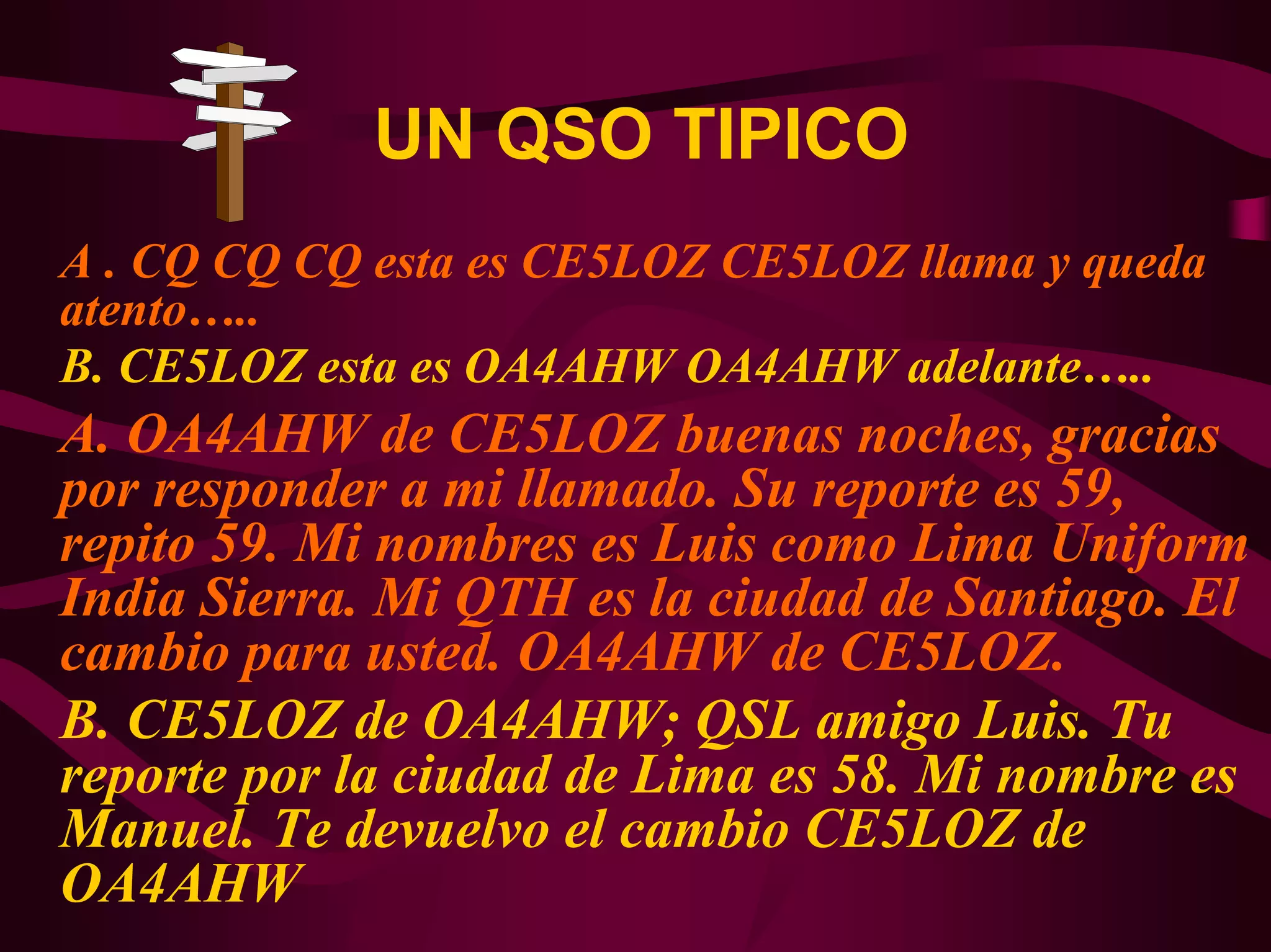UN QSO TIPICO 
A . CQ CQ CQ esta es CE5LOZ CE5LOZ llama y queda 
atento….. 
B. CE5LOZ esta es OA4AHW OA4AHW adelante….. 
A. OA4AHW de CE5LOZ buenas noches, gracias 
por responder a mi llamado. Su reporte es 59, 
repito 59. Mi nombres es Luis como Lima Uniform 
India Sierra. Mi QTH es la ciudad de Santiago. El 
cambio para usted. OA4AHW de CE5LOZ. 
B. CE5LOZ de OA4AHW; QSL amigo Luis. Tu 
reporte por la ciudad de Lima es 58. Mi nombre es 
Manuel. Te devuelvo el cambio CE5LOZ de 
OA4AHW 
 