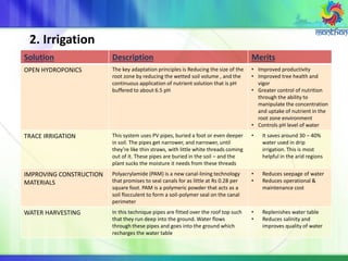 2. Irrigation
Solution Description Merits
OPEN HYDROPONICS The key adaptation principles is Reducing the size of the
root zone by reducing the wetted soil volume , and the
continuous application of nutrient solution that is pH
buffered to about 6.5 pH
• Improved productivity
• Improved tree health and
vigor
• Greater control of nutrition
through the ability to
manipulate the concentration
and uptake of nutrient in the
root zone environment
• Controls pH level of water
TRACE IRRIGATION This system uses PV pipes, buried a foot or even deeper
in soil. The pipes get narrower, and narrower, until
they’re like thin straws, with little white threads coming
out of it. These pipes are buried in the soil – and the
plant sucks the moisture it needs from these threads
• It saves around 30 – 40%
water used in drip
irrigation. This is most
helpful in the arid regions
IMPROVING CONSTRUCTION
MATERIALS
Polyacrylamide (PAM) is a new canal-lining technology
that promises to seal canals for as little at Rs 0.28 per
square foot. PAM is a polymeric powder that acts as a
soil flocculent to form a soil-polymer seal on the canal
perimeter
• Reduces seepage of water
• Reduces operational &
maintenance cost
WATER HARVESTING In this technique pipes are fitted over the roof top such
that they run deep into the ground. Water flows
through these pipes and goes into the ground which
recharges the water table
• Replenishes water table
• Reduces salinity and
improves quality of water
 