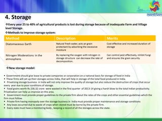4. Storage
New storage model:
Every year 25 to 40% of agricultural products is lost during storage because of inadequate Farm and Village
level Storage.
Methods to improve storage system:
 Government should give lease to private companies or corporation on a national basis for storage of food in India
 These firms will set up their storages across India, that will help in storage of the total food produced in India.
 Privatizing storage business in India will not only improve the quality of storage but also reduce the destruction of crops that occur
every year due to poor conditions of storage.
 Food grains worth Rs 236.32 crore were wasted in the first quarter of 2013-14 giving a harsh blow to the total Indian productivity.
Privatisation can help us improve on this area.
 Government must provide proper guidelines to the private firm about the rates of the crops and other essential guidelines which the
firm must follow.
 Private firm having monopoly over the storage business in India must provide proper maintenance and storage conditions
 Any loses occurred due to waste of crops when stored must be borne by the private firm.
 Every state must have a monitoring body , keeping a record of all the storages across the state.
 
